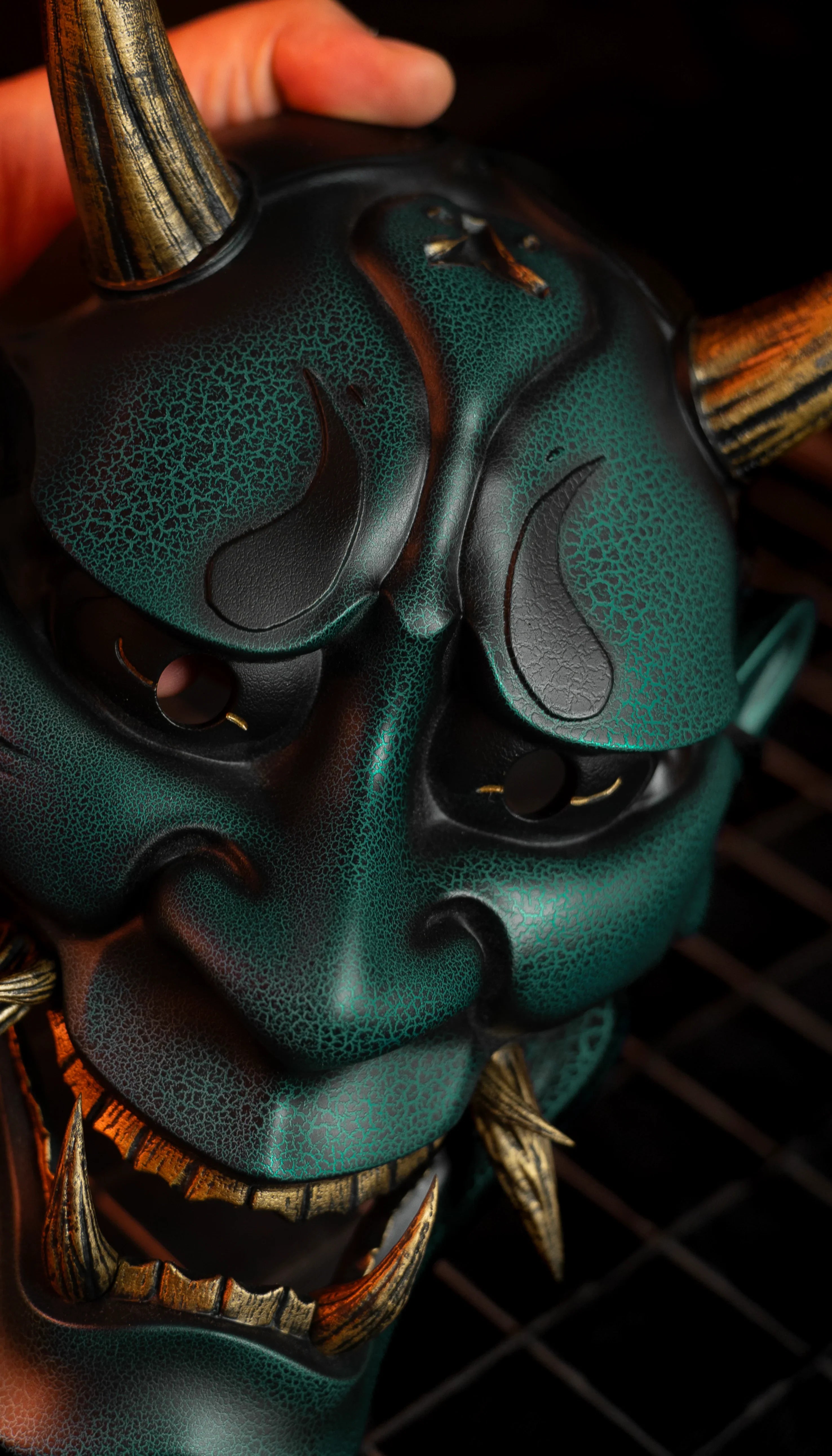 masque oni japonais vert artisanal kogei